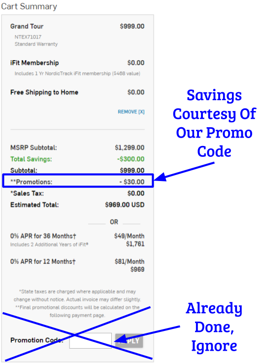 NordicTrack Grand Tour Promo on Cart Page